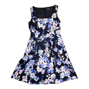 Lauren Ralph Lauren Dress Woman's Size 12 Sleeveless Midi Blue Floral w/ Pockets